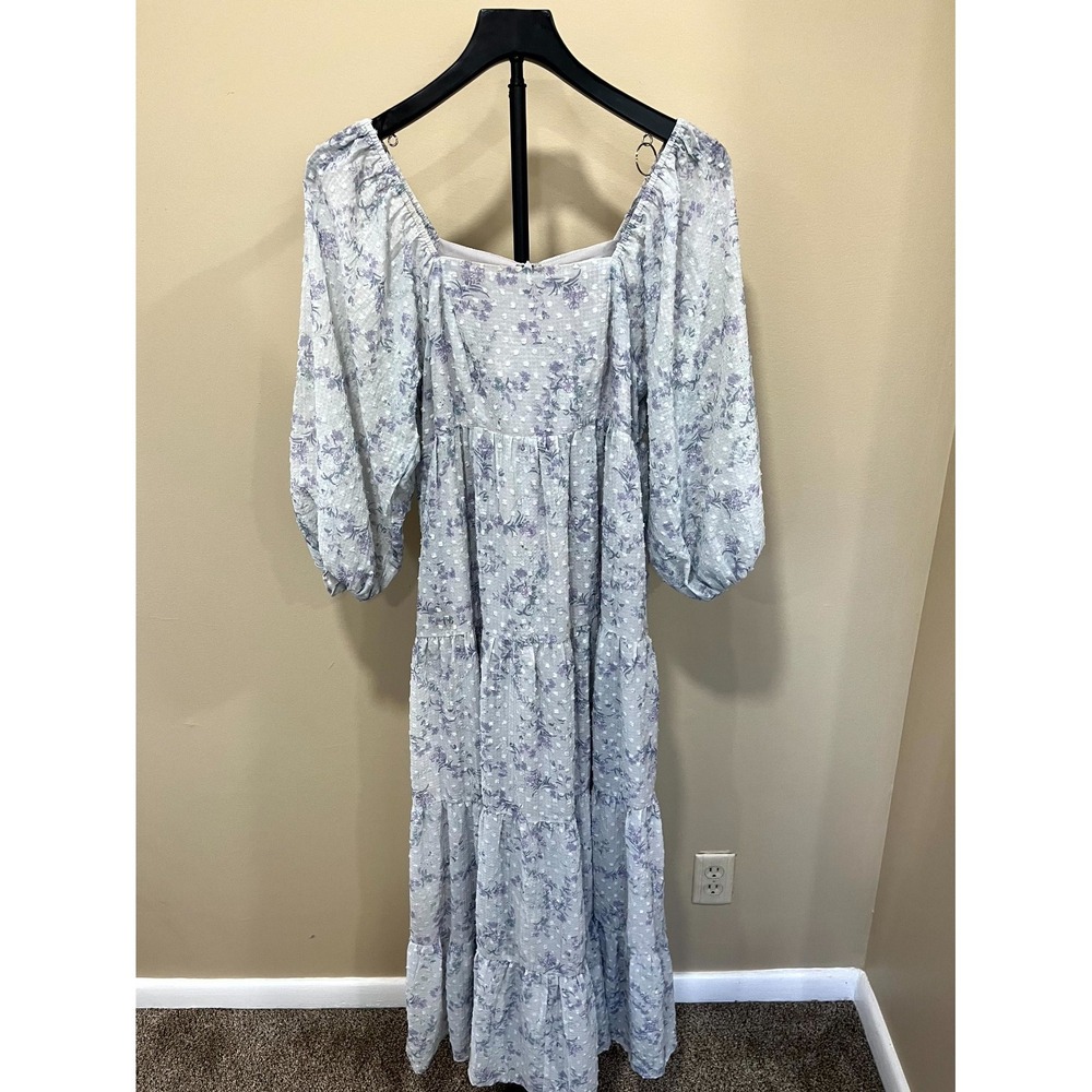 Storia Maxi Dress Womens Small Blue Gray Floral Swiss Dot Tiered Puff Sleeve